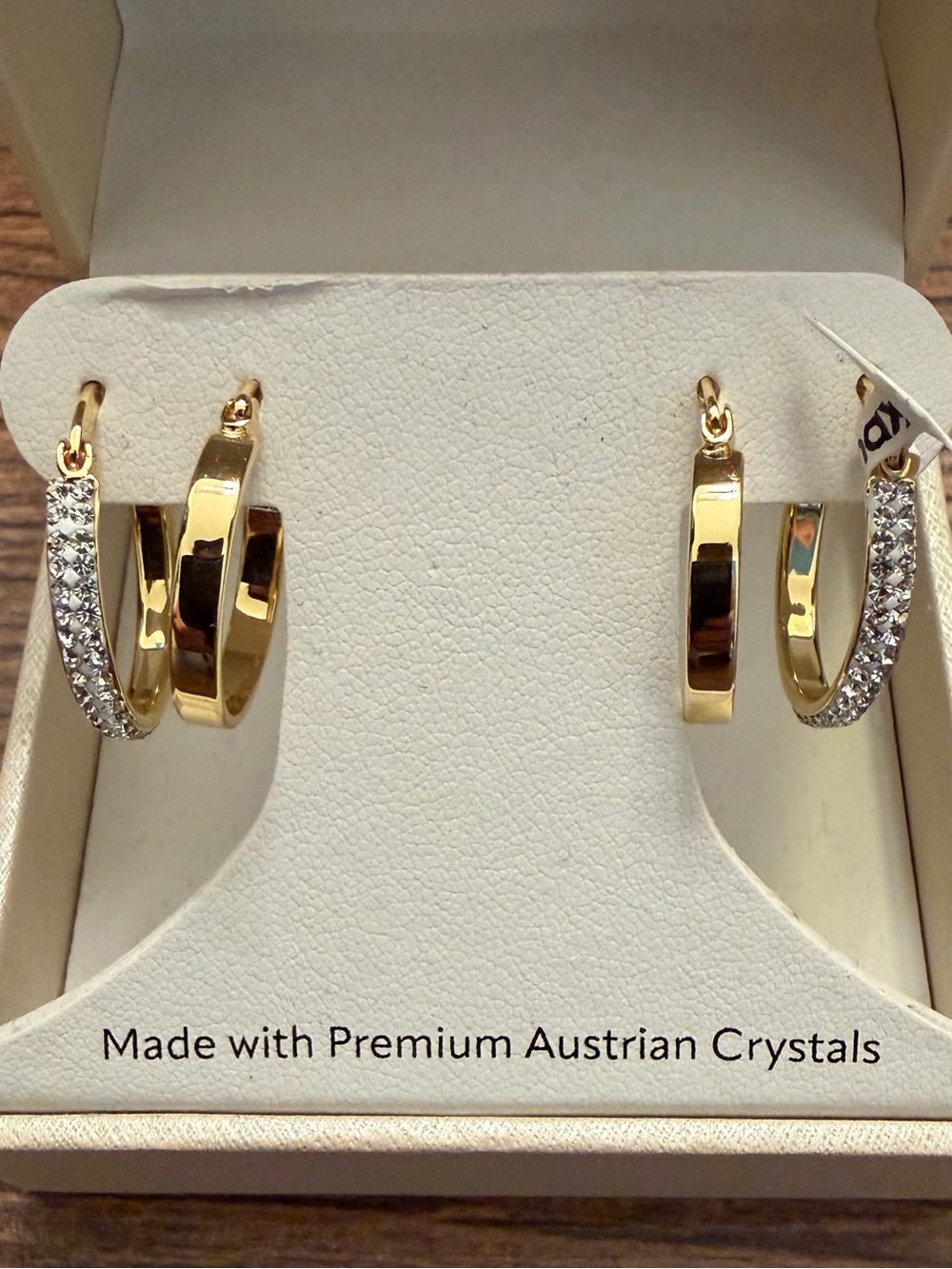 NWT Sophia James 2 Pair Hoop Earrings, Austrian Crystal Gold Toned in Gift Box